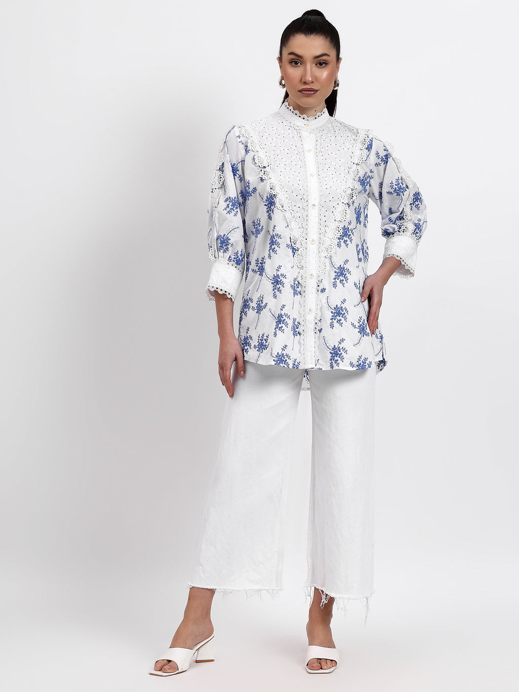 White Chikan and Boota Lace Shirt