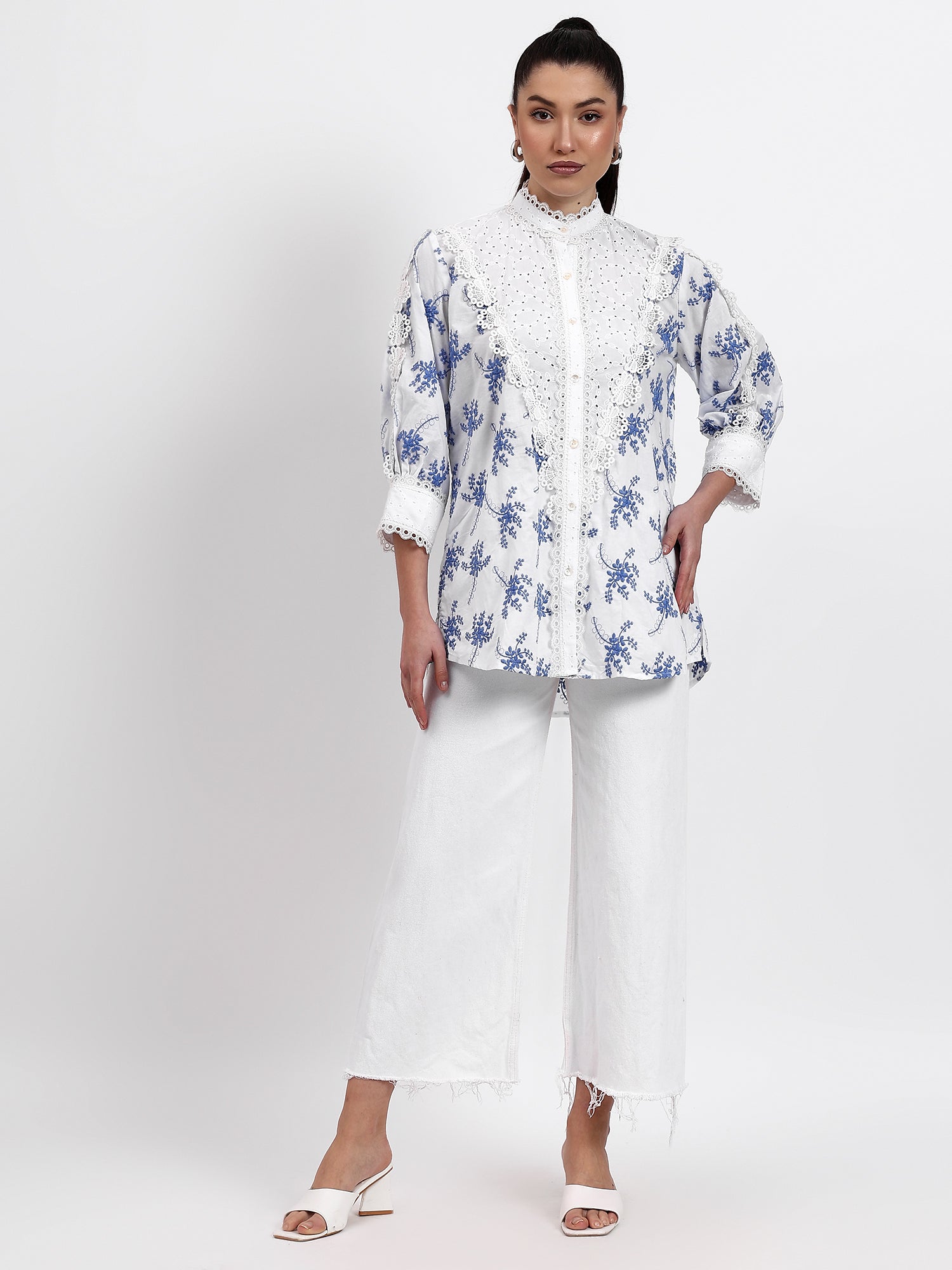 White Chikan and Boota Lace Shirt