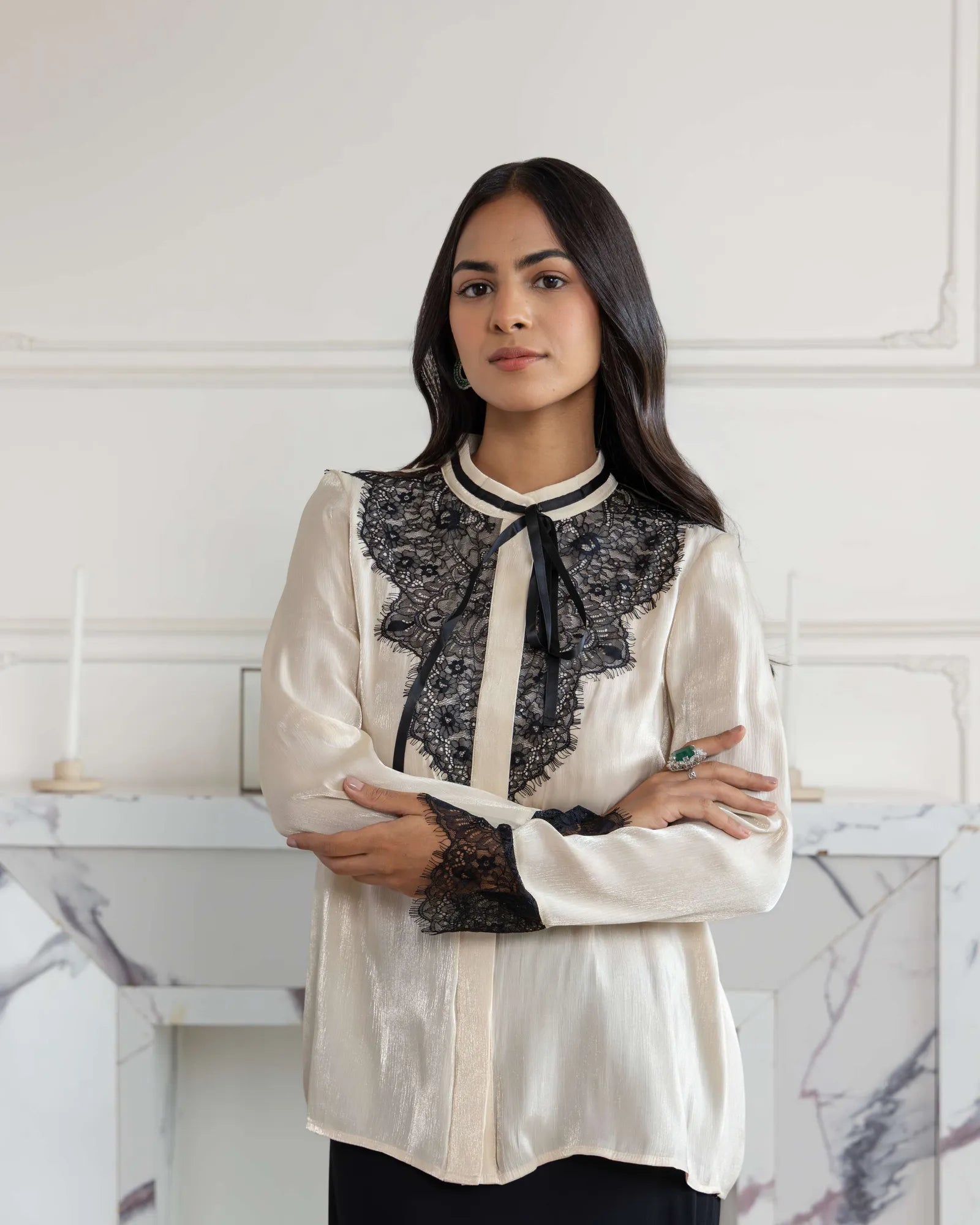 Moonstone Beige Shimmer French Lace Chiffon Top
