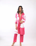 Pink Zigzag Printed  Embroidered Trench Coat And Pant Set
