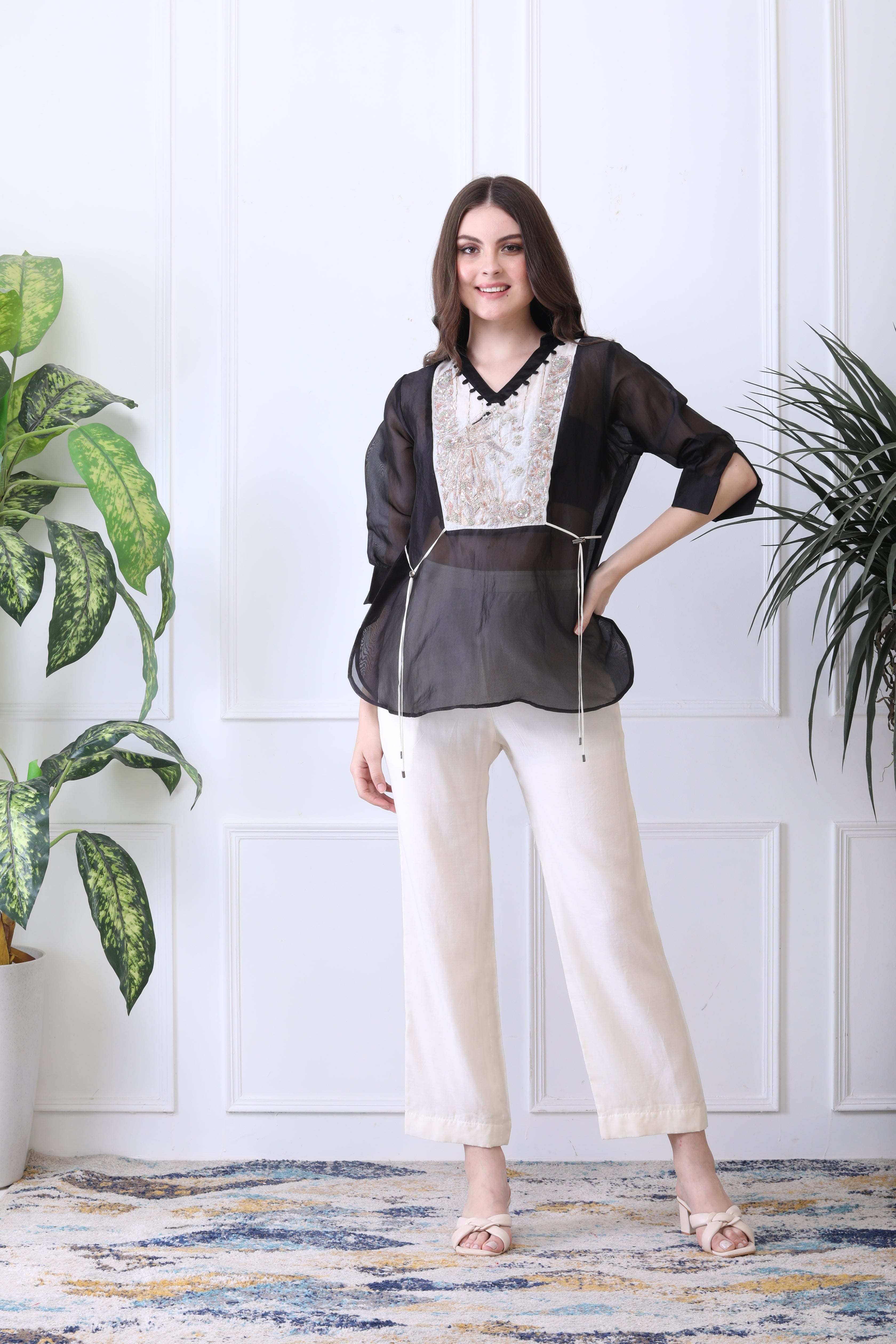 Stuart Black  Embroidered Chanderi Top with Ivory Pants