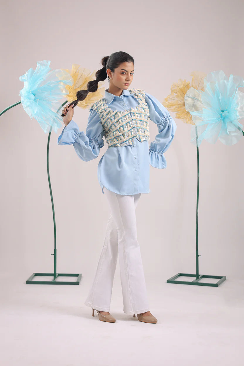 THE SKY BLUE EMBELLISHED JACKET WITH BALLOON SLEEVES CRAPE SHIRT - BeyondStiches