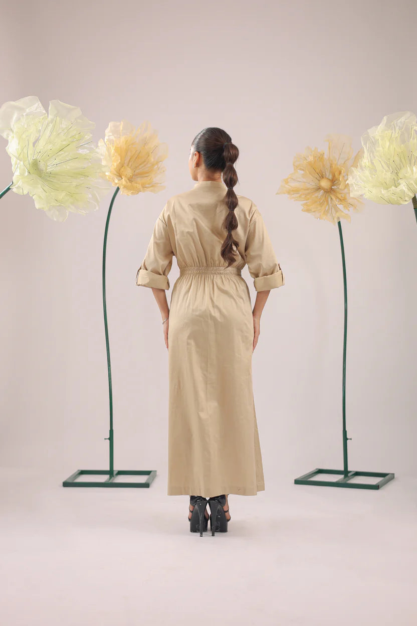 The brown beige midi cotton dress with pockets