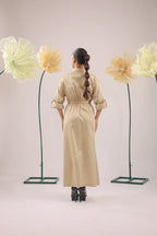 The brown beige midi cotton dress with pockets