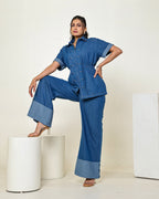 THE DARK DENIM ZIPPER SHIRT WITH WIDE LEG PANTS
