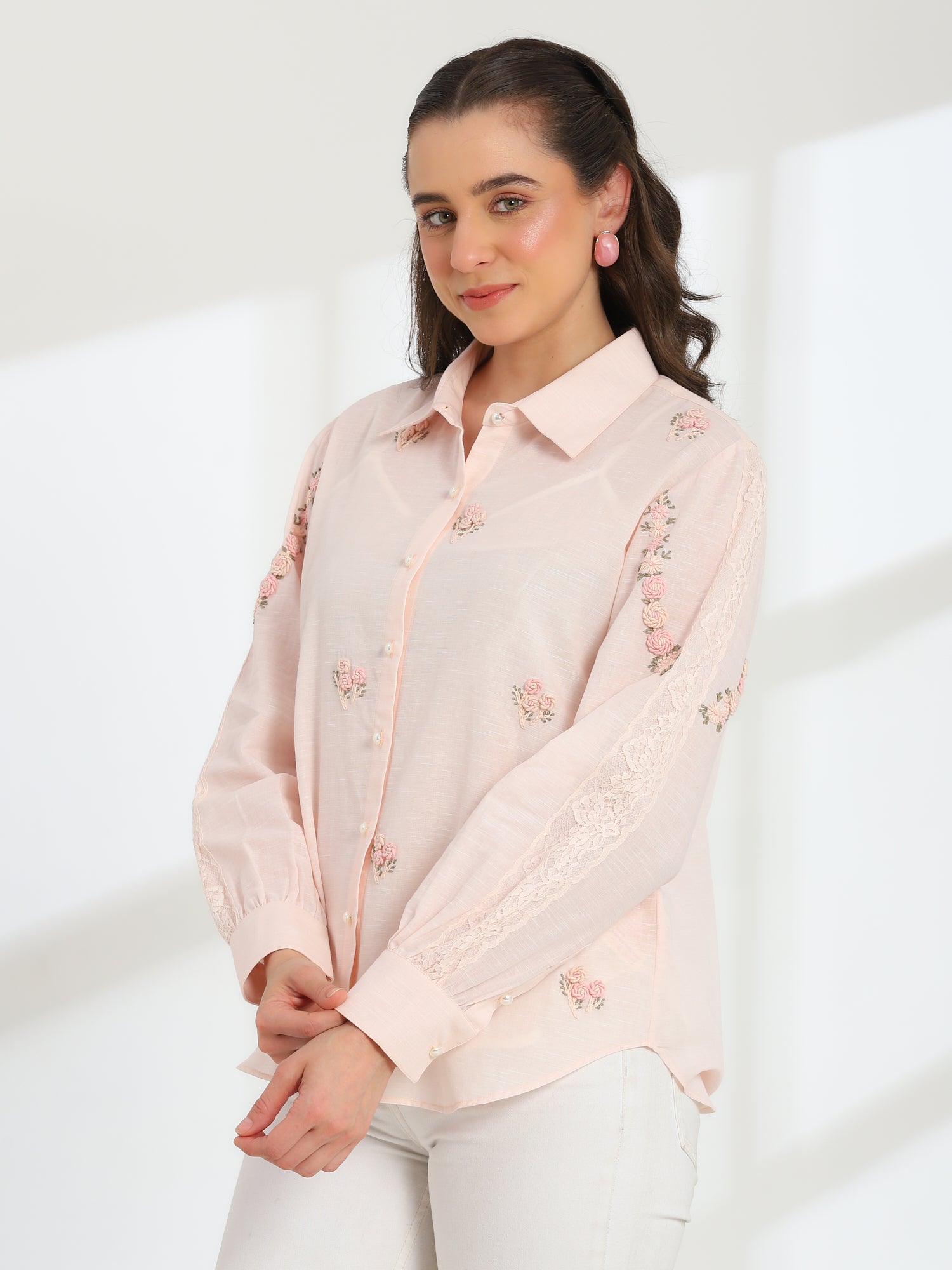 Spring Pink Hand Embroidered French lace Silk Cotton Shirt