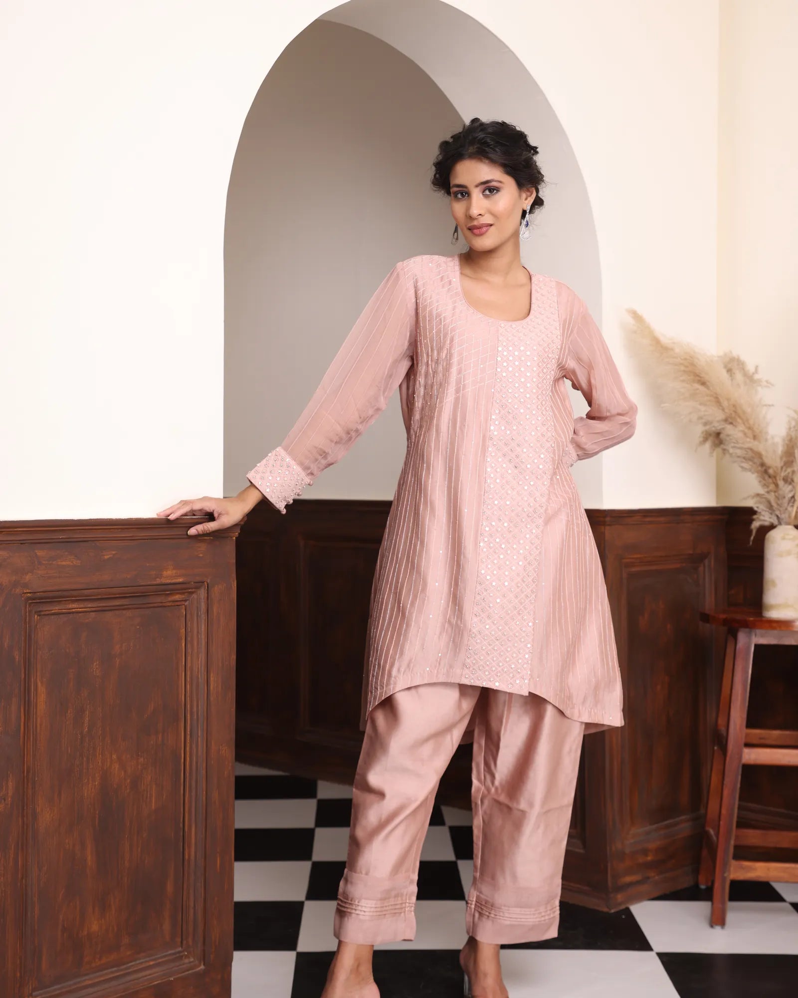 Hand-Embroidered C-Cut Fusion Suit with Tuck-Detail Pants