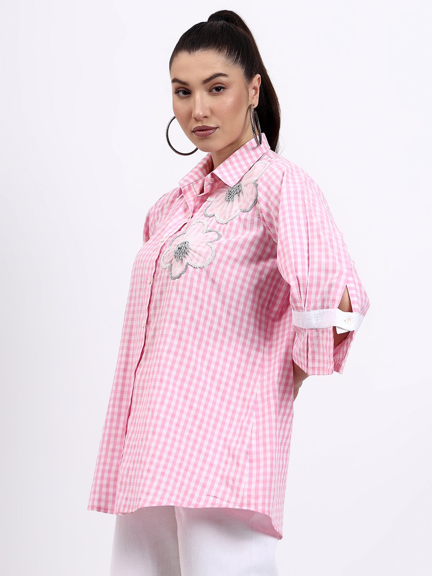 Pink Check Embroidered Shirt