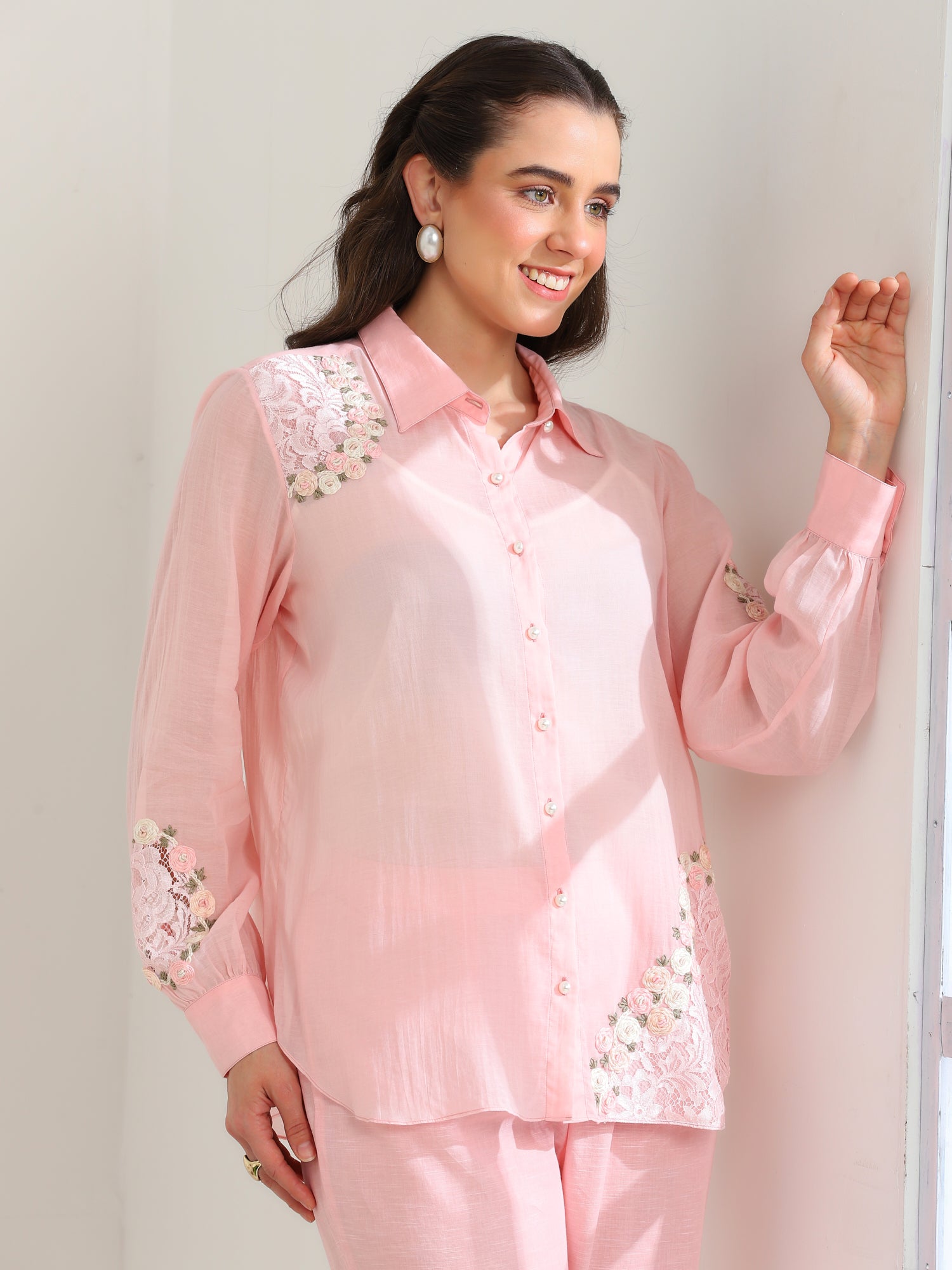 Pink Rose Garden Hand Embroidered French lace Mul Linen Co-ord Set - Dareiss