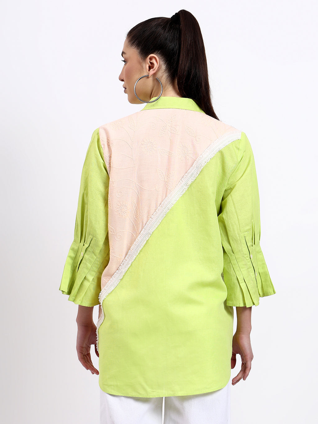 Green and Peach Lace detailing shirt with pearl touch
