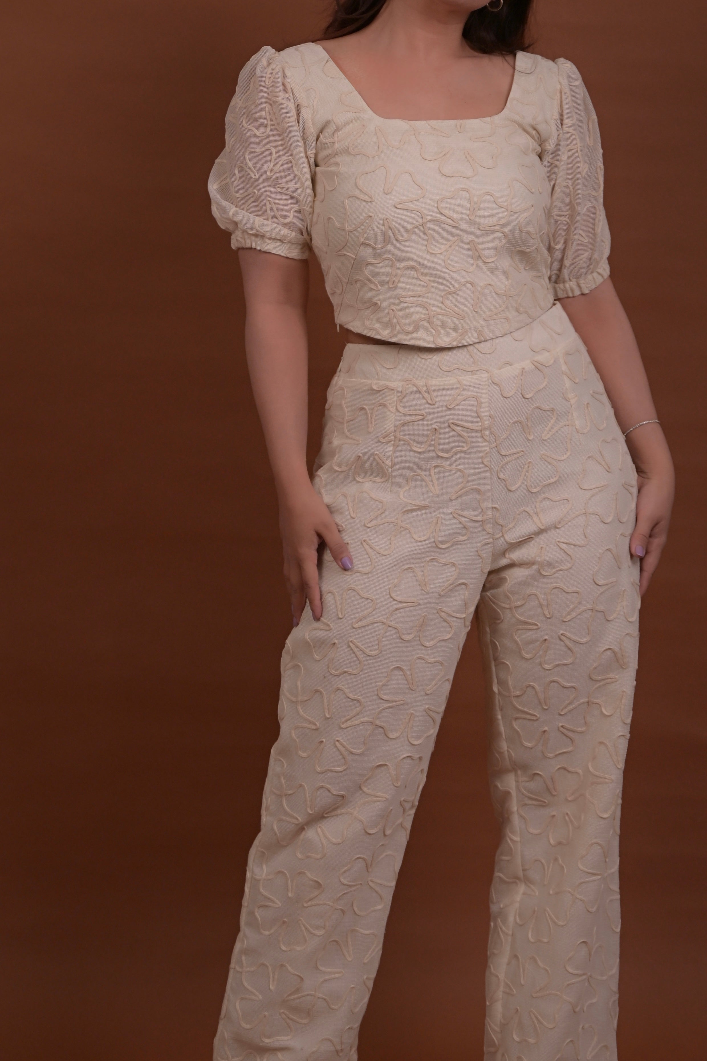 White Petal Square Neck Puff Sleeves Top