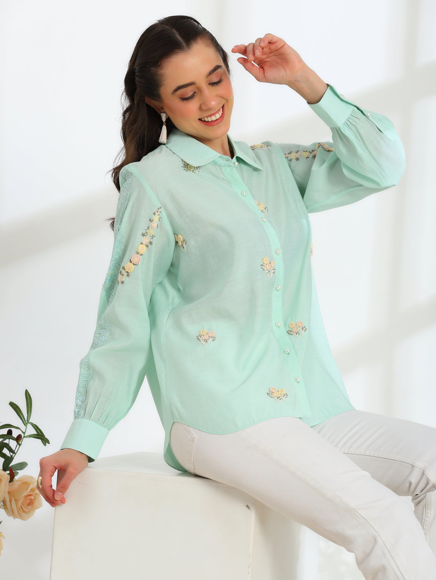 Spring Mint Hand Embroidered French lace Silk Cotton Shirt