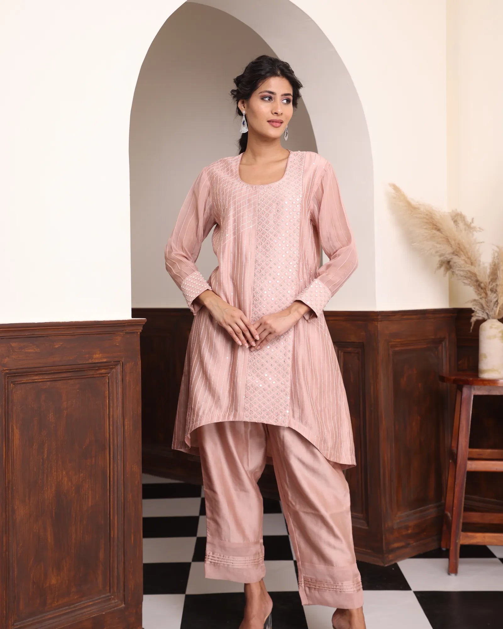 Hand-Embroidered C-Cut Fusion Suit with Tuck-Detail Pants