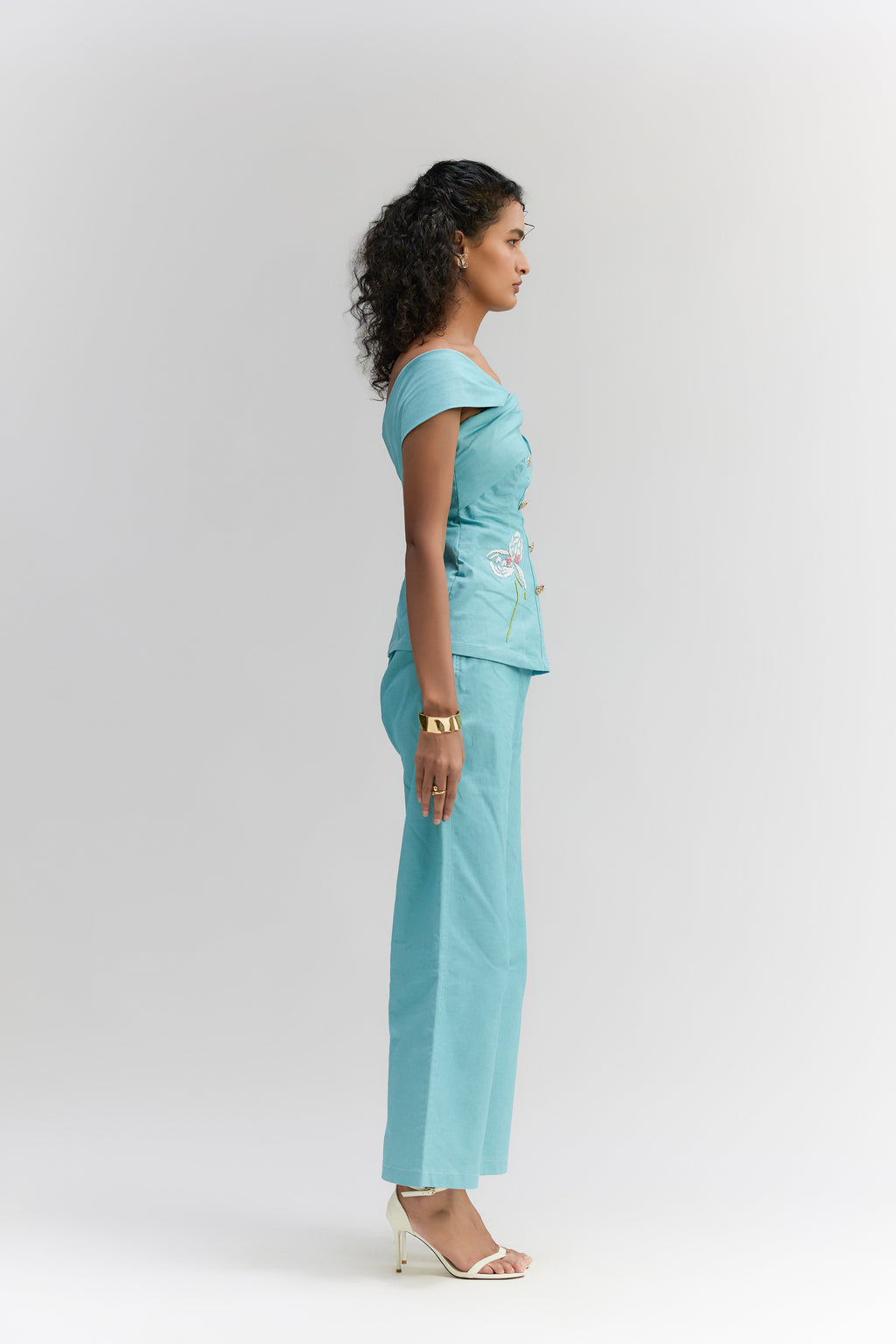 Aqua blue denim off-shoulder Top & pant set