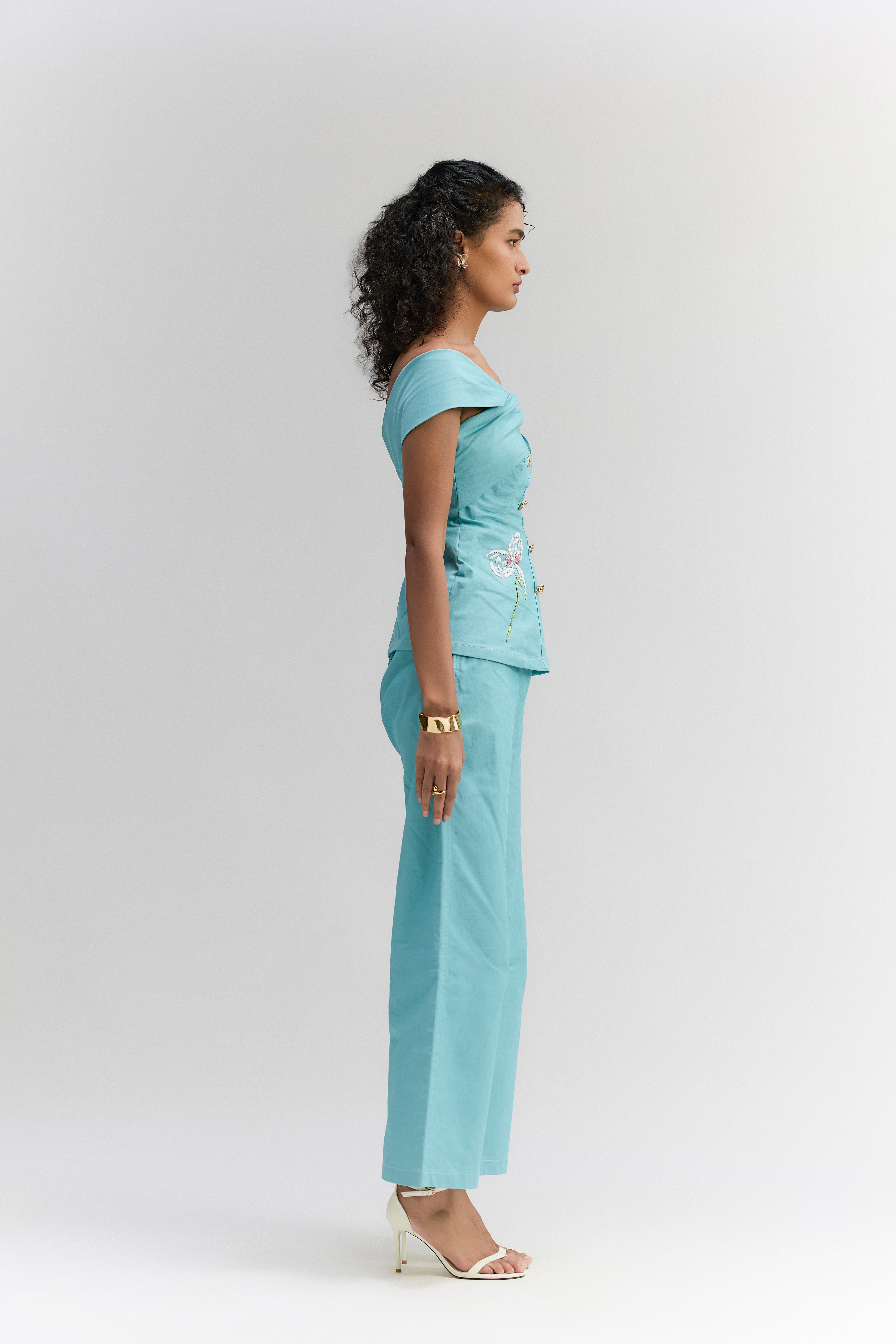 Aqua blue denim off-shoulder Top & pant set