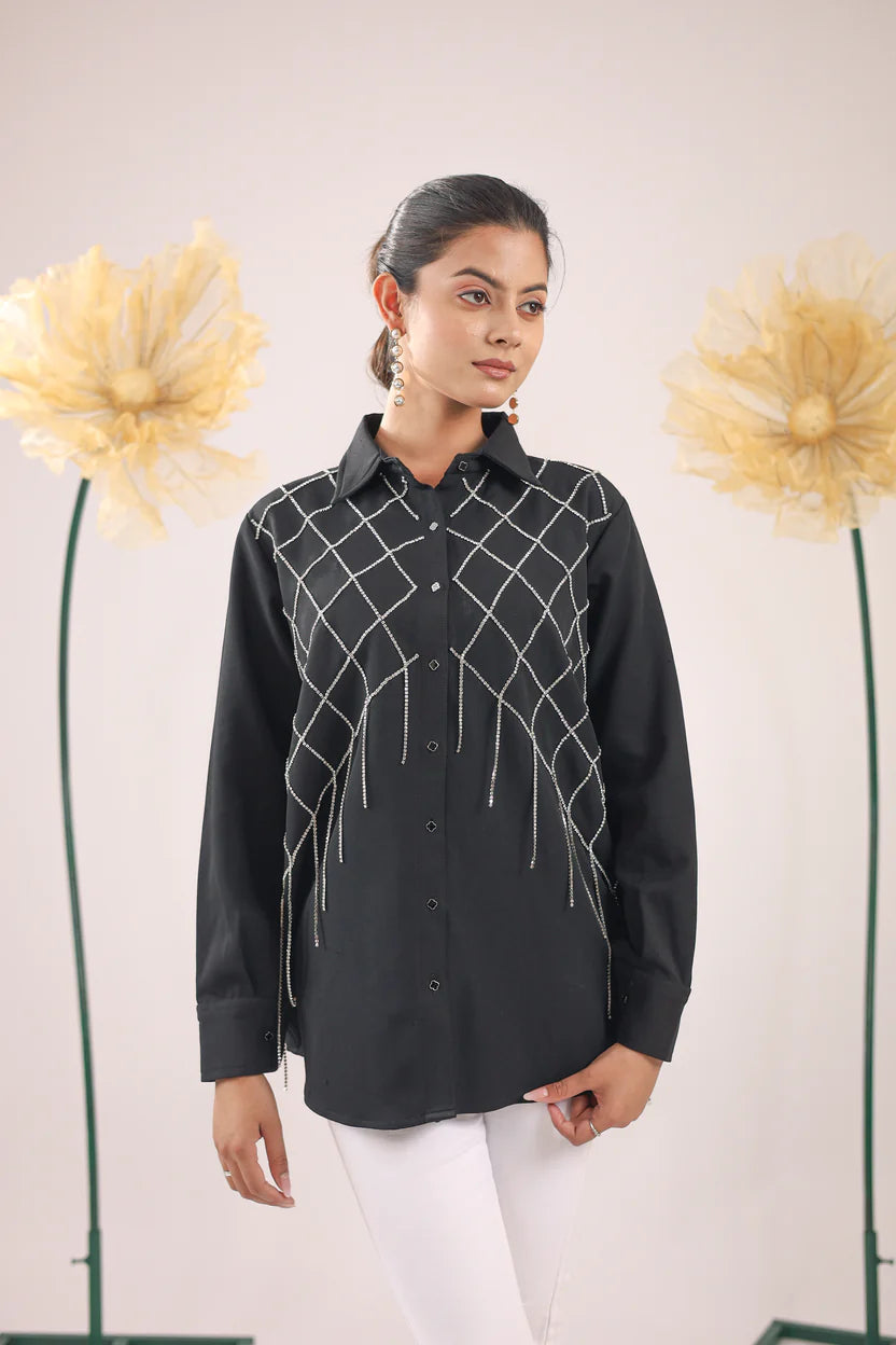THE BLACK CHECKS STONE TASSEL CRAPE SHIRT