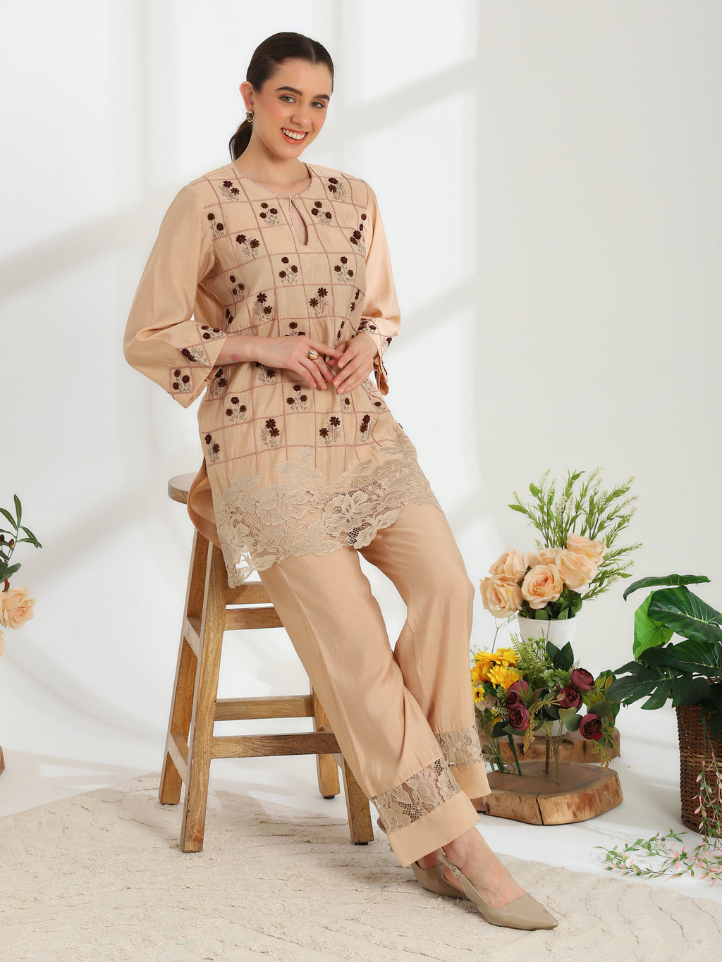 Auré Beige Hand Embroidered French lace Silk cotton Kurta set