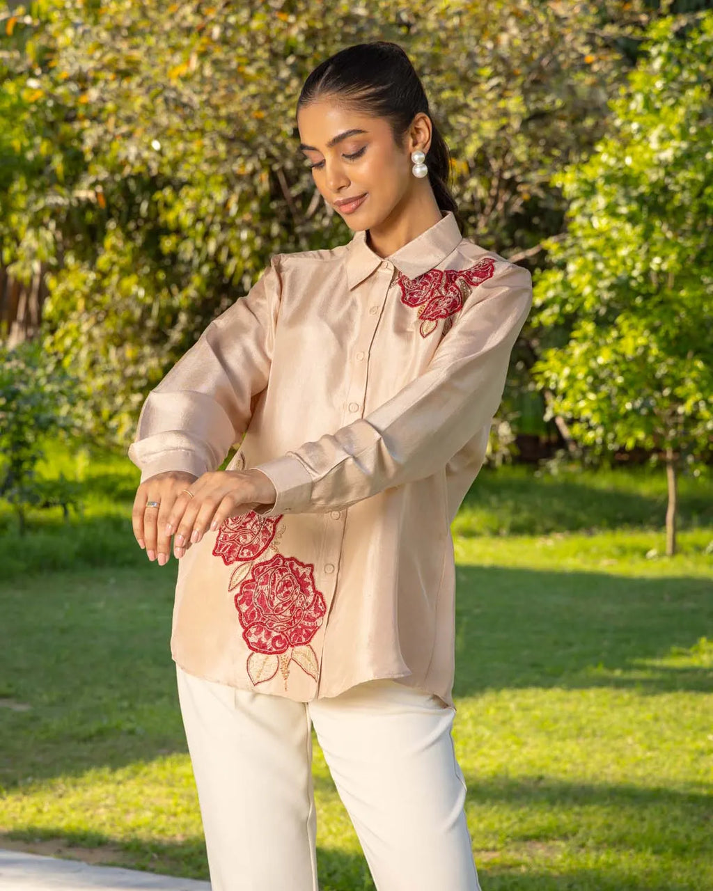 Rose French lace Dupion Silk shirt