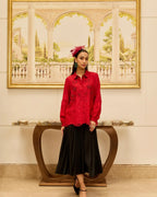 Crimson Bloom Red Hand Embroidered French Lace Habotai Silk Shirt