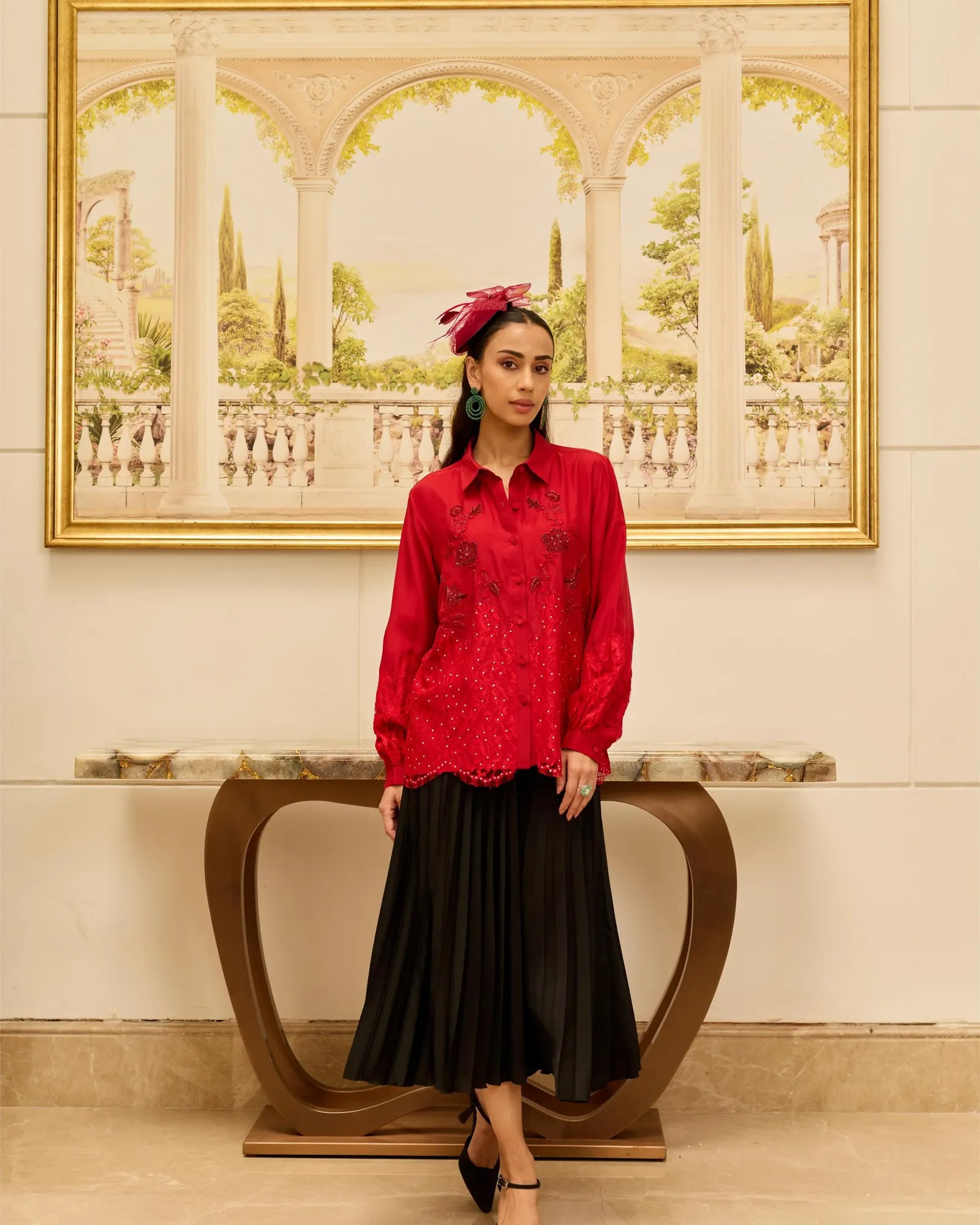 Crimson Bloom Red Hand Embroidered French Lace Habotai Silk Shirt