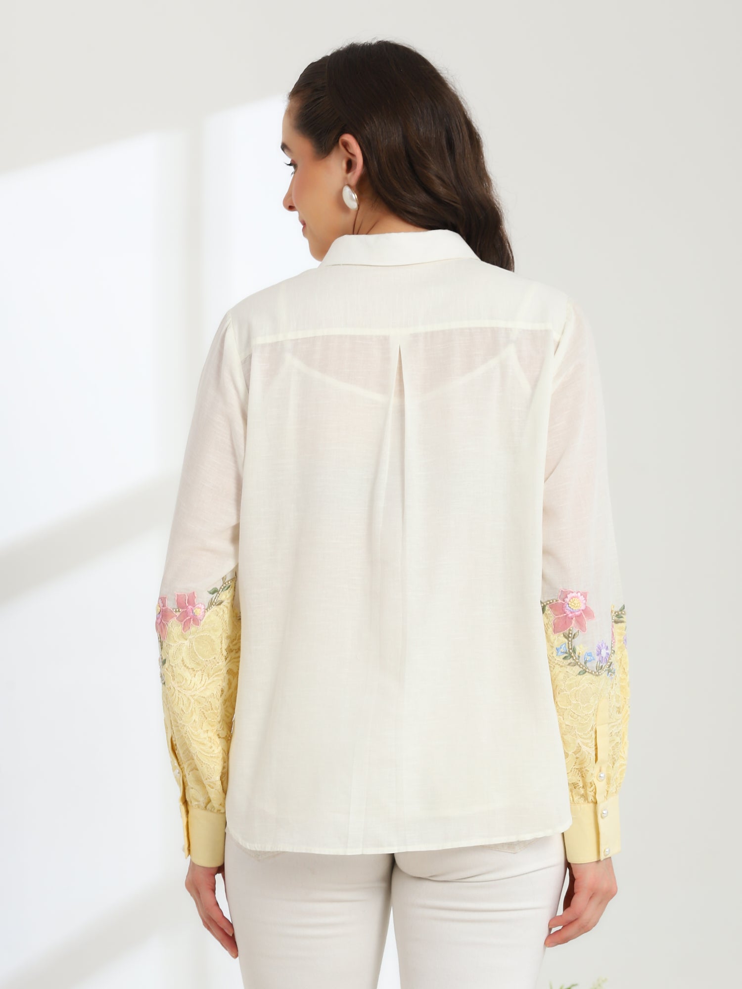 Sunlit  Yellow Garden Embroidered French lace Silk Linen Shirt