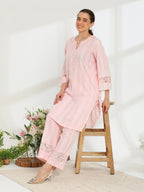 Silvaire Rose Hand Embroidered French lace  cotton lurex Kurta set - Dareiss