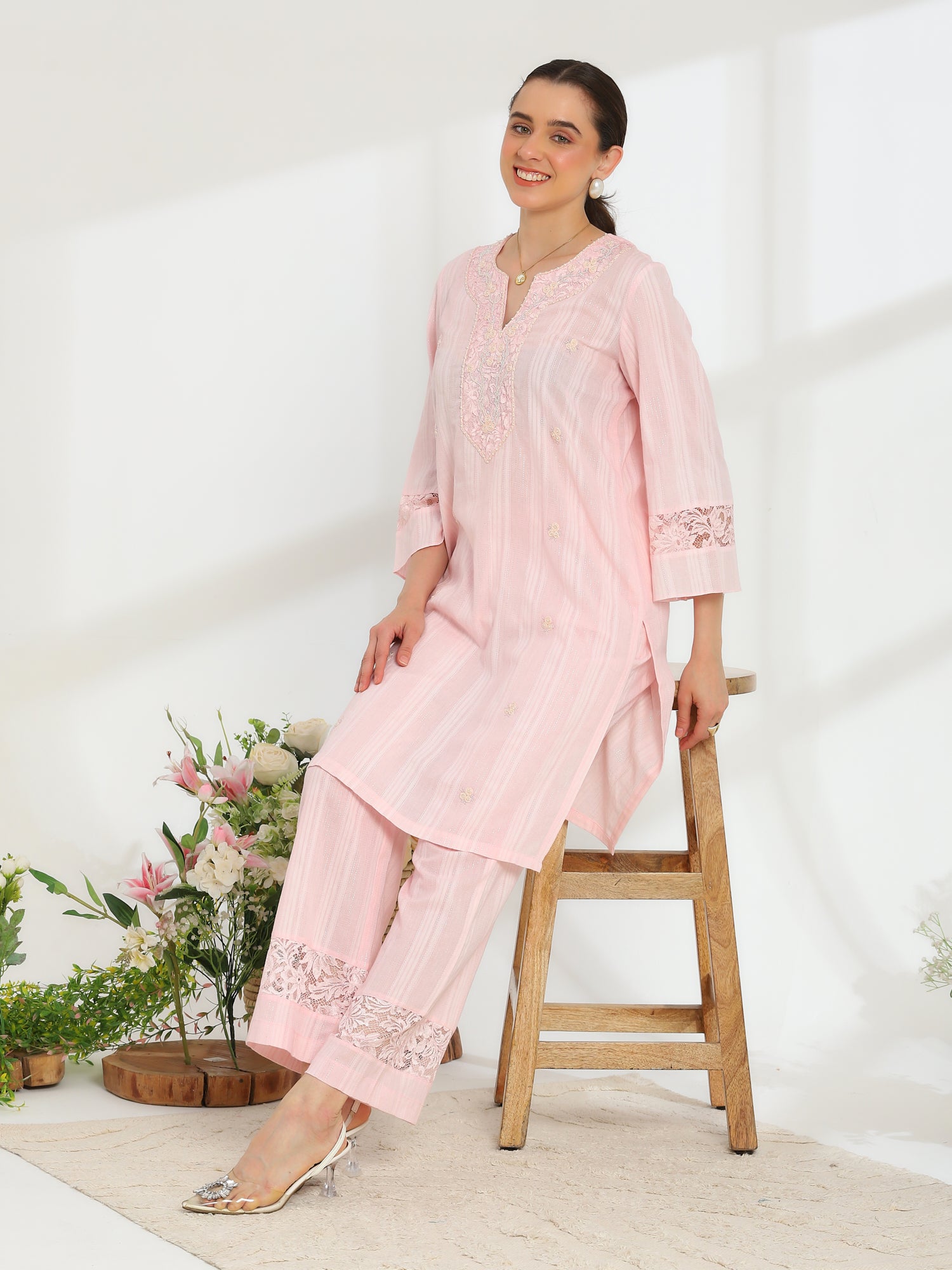 Silvaire Rose Hand Embroidered French lace  cotton lurex Kurta set - Dareiss