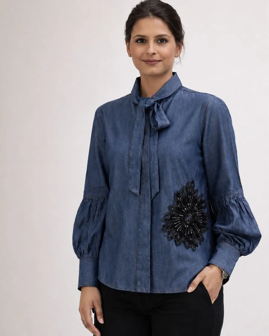 Sequin Floral Denim Shirt - Shweta Chugh