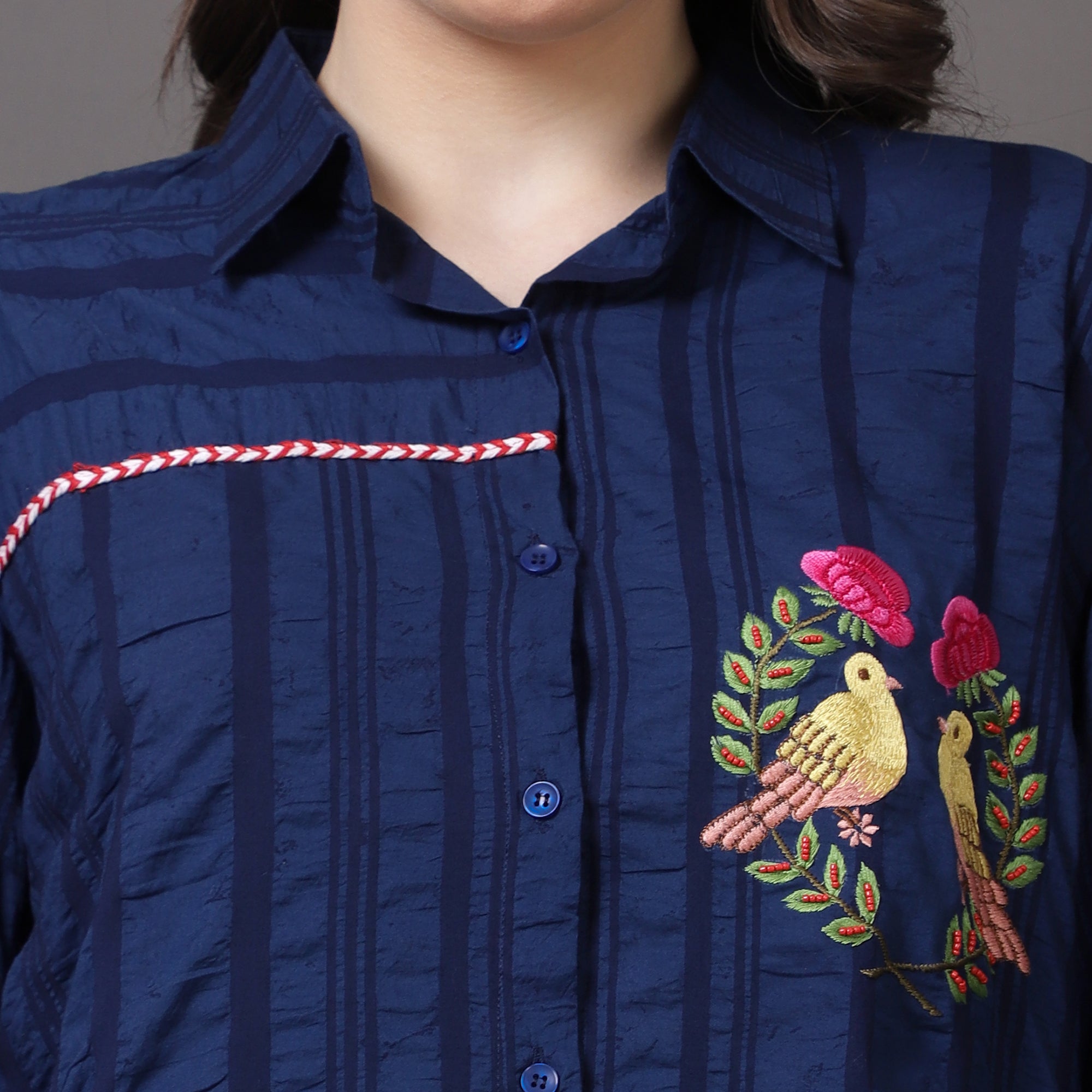 Blue Crushed Embroidered Shirt