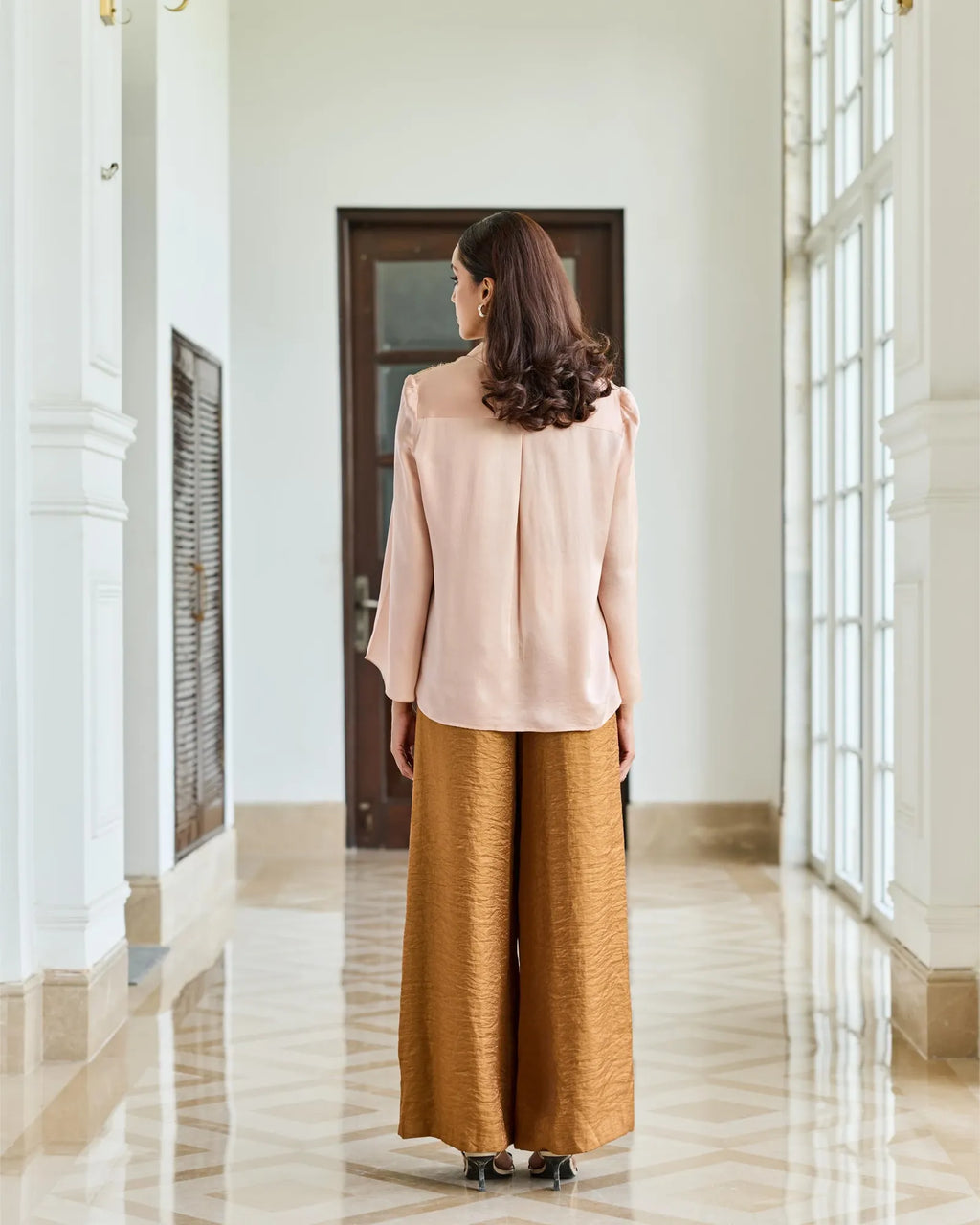 Rosette Mist Dusty Pink Symmetrical Lace Appliqué Satin Silk Shirt