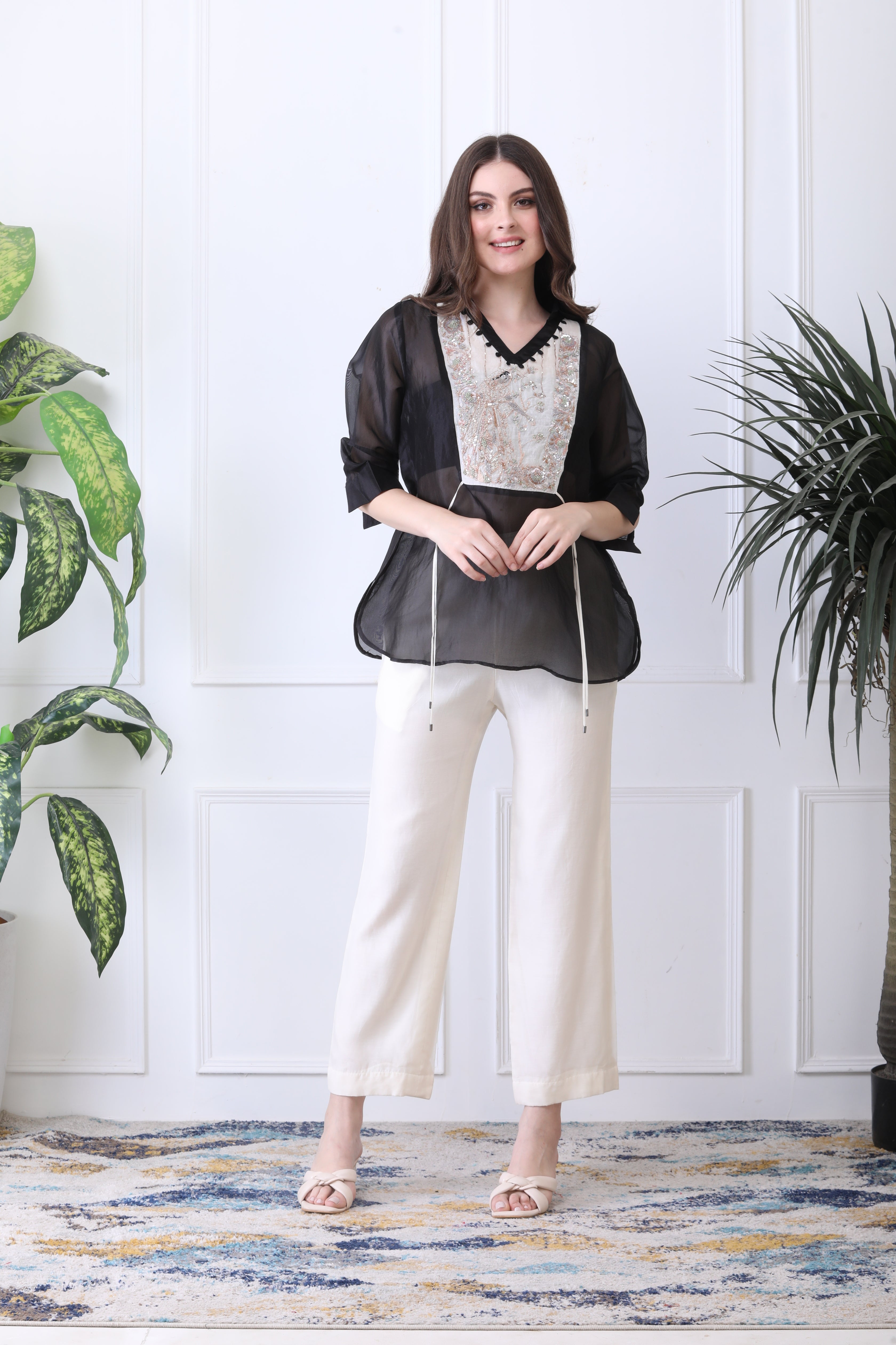 Stuart Black  Embroidered Chanderi Top with Ivory Pants