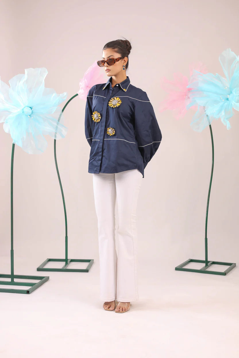 THE NAVY BLUE COTTON SHIRT WITH 3D YELLOW EMBELLISHED FLOWERS