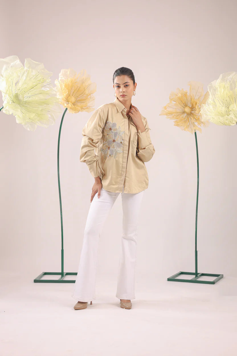THE BEIGE FLORAL EMBELLISHMENT WITH POCKET AND GATHERED SLEEVES