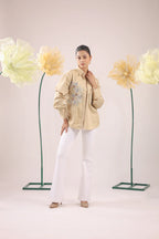 THE BEIGE FLORAL EMBELLISHMENT WITH POCKET AND GATHERED SLEEVES