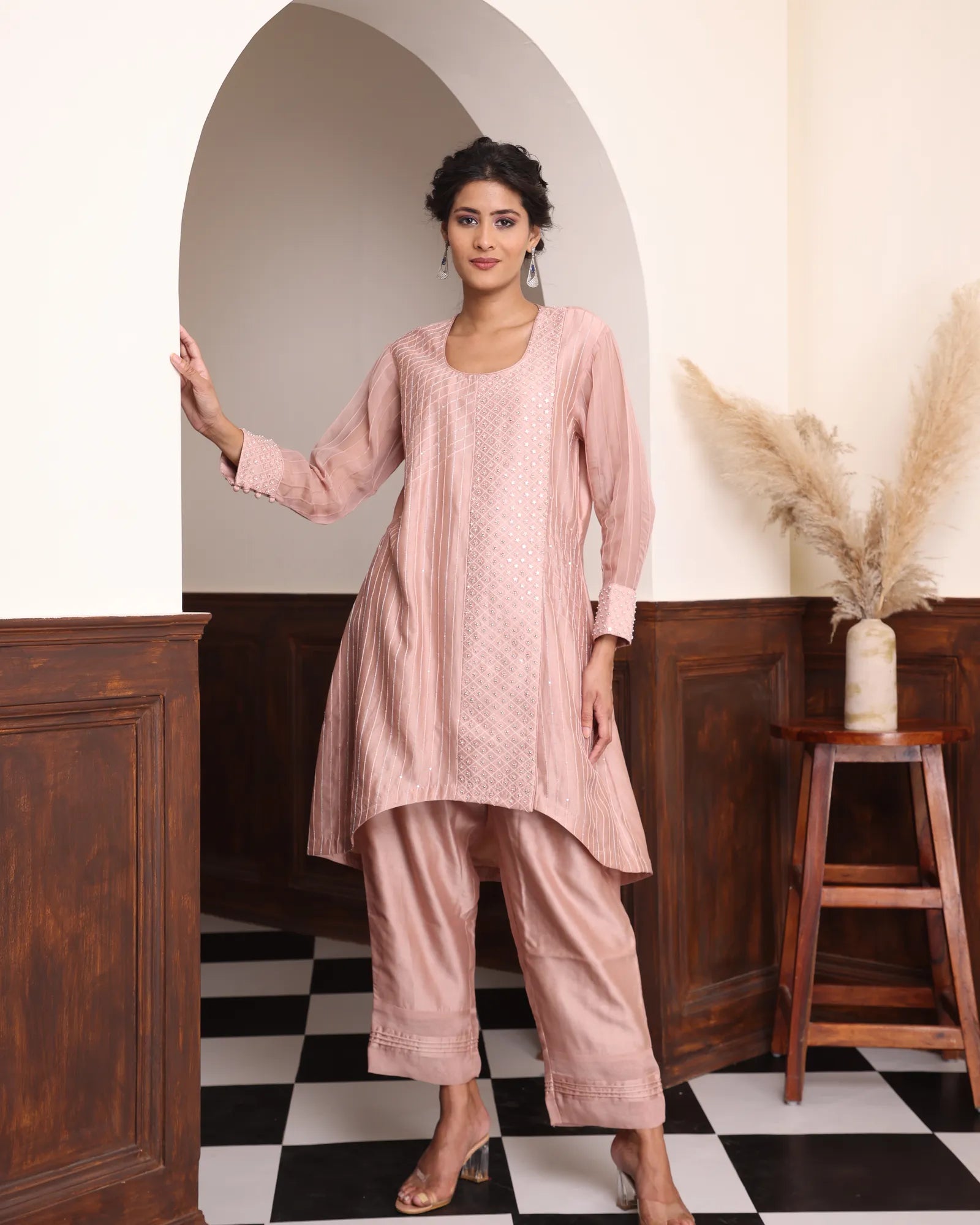 Hand-Embroidered C-Cut Fusion Suit with Tuck-Detail Pants