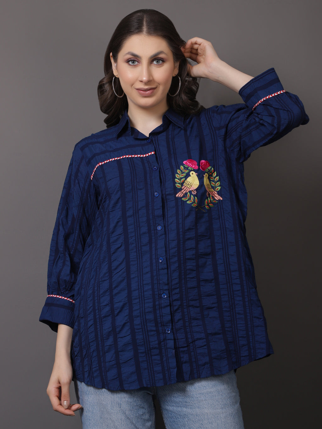 Blue Crushed Embroidered Shirt