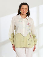 Ether Sage Green Embroidered French lace Silk Linen Shirt