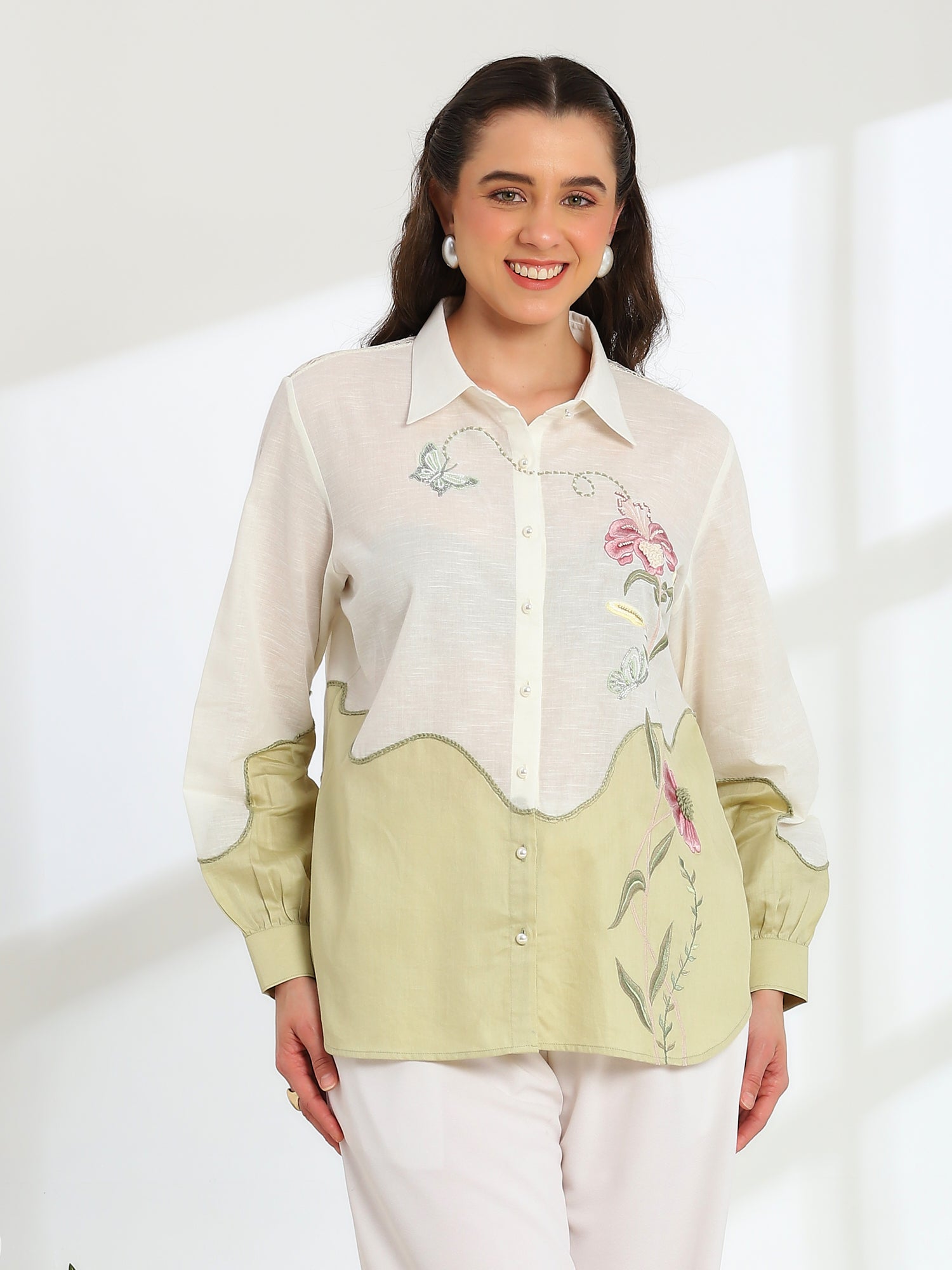 Ether Sage Green Embroidered French lace Silk Linen Shirt