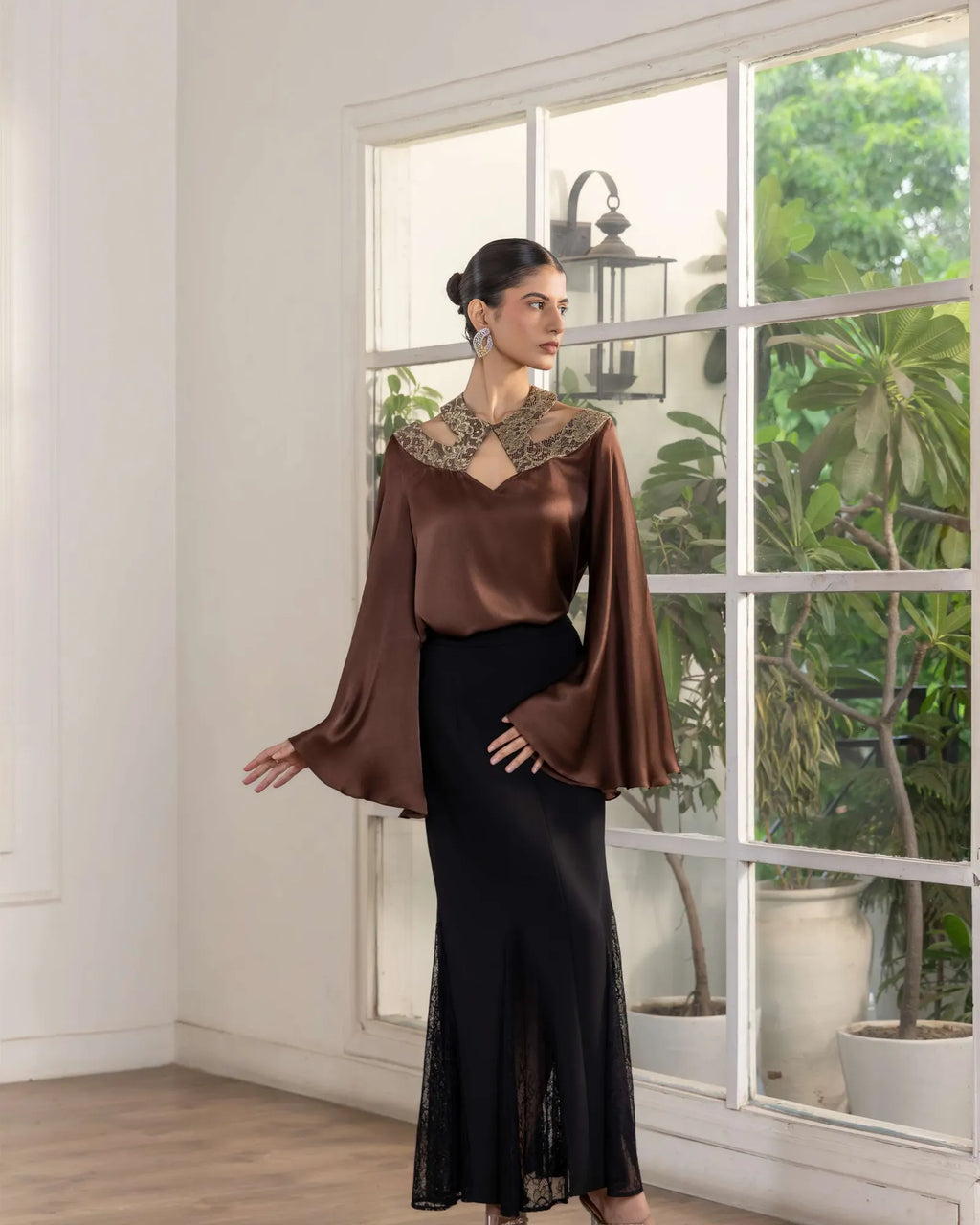 Mocha Whisper Metallic French Lace Satin Top - Dareiss