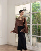 Mocha Whisper Metallic French Lace Satin Top - Dareiss