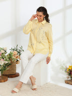 Butter Bloom Yellow Hand Embroidered French lace Cotton Shirt - Dareiss