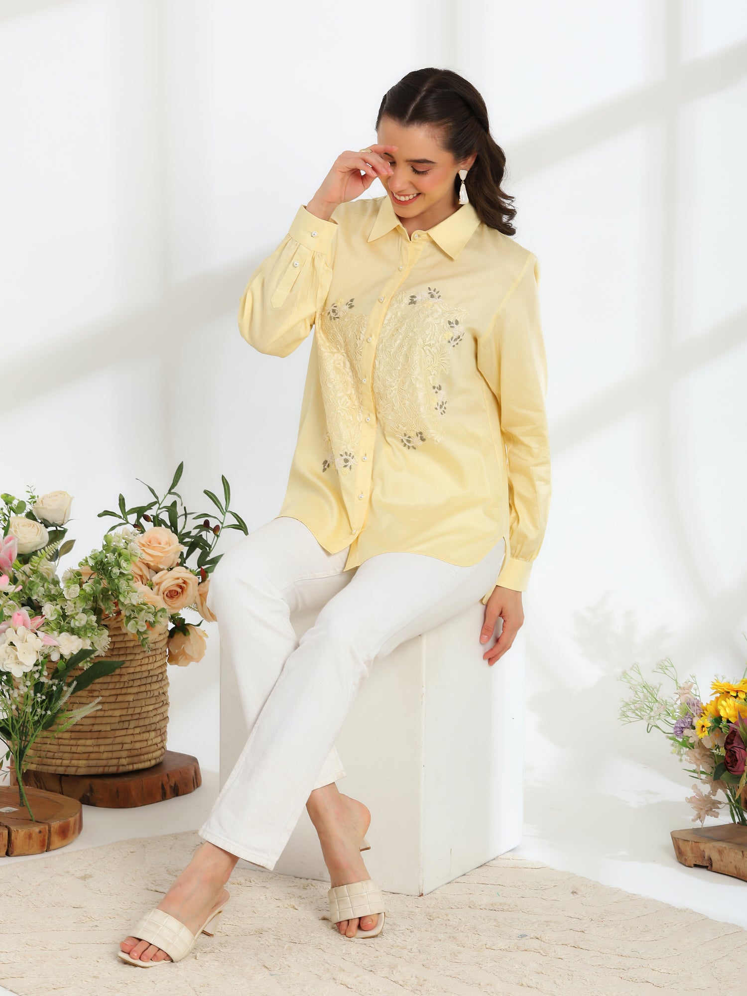 Butter Bloom Yellow Hand Embroidered French lace Cotton Shirt - Dareiss
