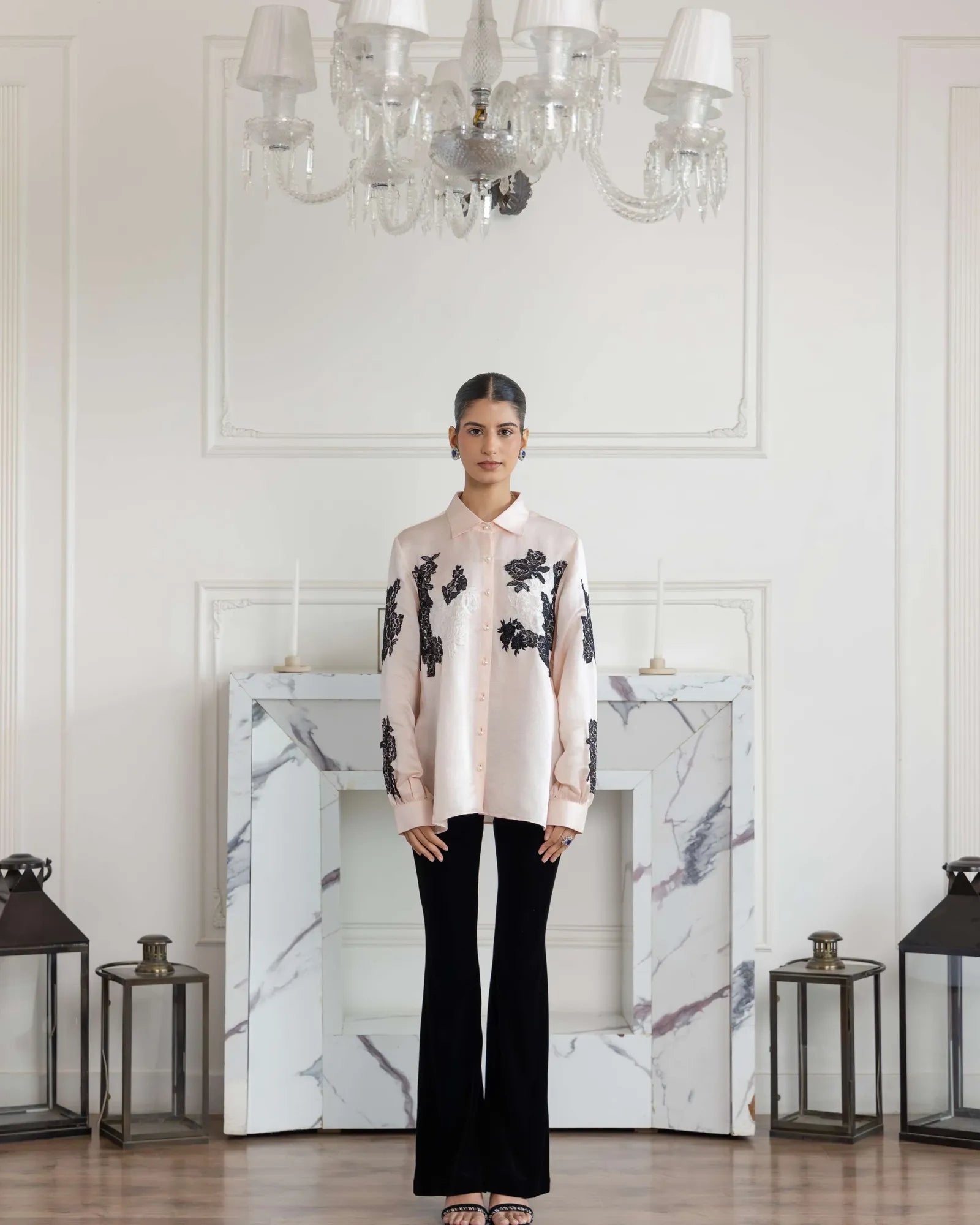 Camellia Heavenly Pink Hand embroidered French Lace Linen Silk Shirt