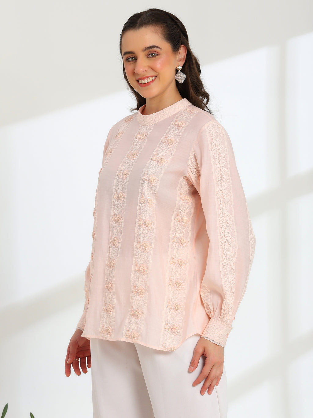 Elan Pink  Hand Embroidered French Lace Silk Cotton Shirt