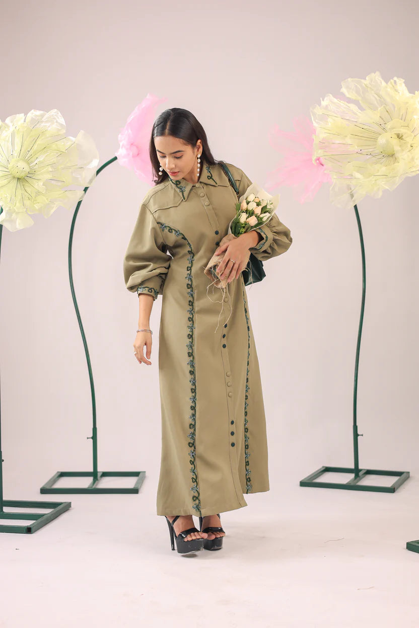 The olive green embellished A-line midi dress