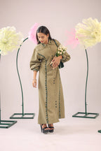 The olive green embellished A-line midi dress