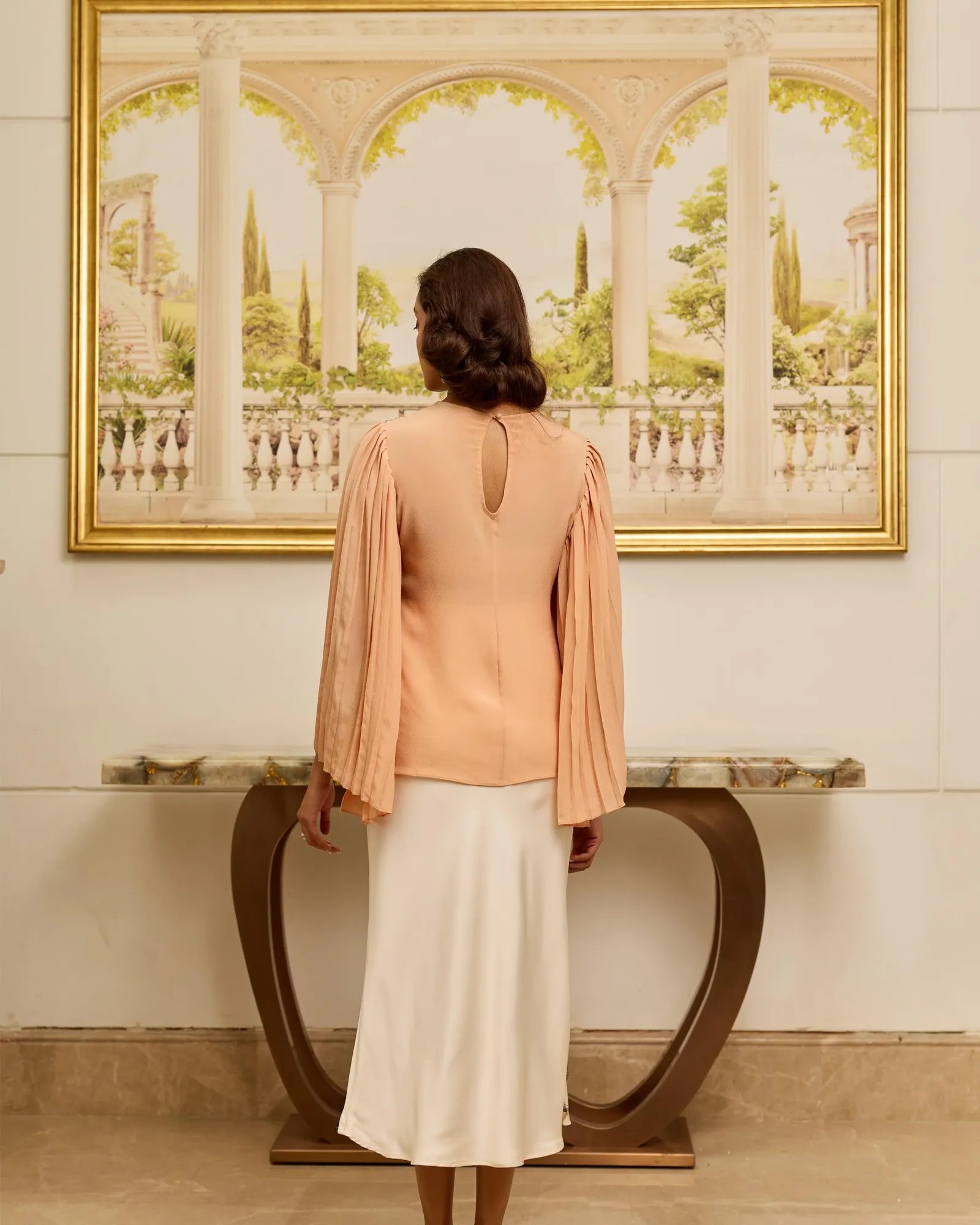 Grace Salmon Peach and Silver French Lace Crepe Top