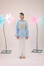 THE SKY BLUE EMBELLISHED JACKET WITH BALLOON SLEEVES CRAPE SHIRT