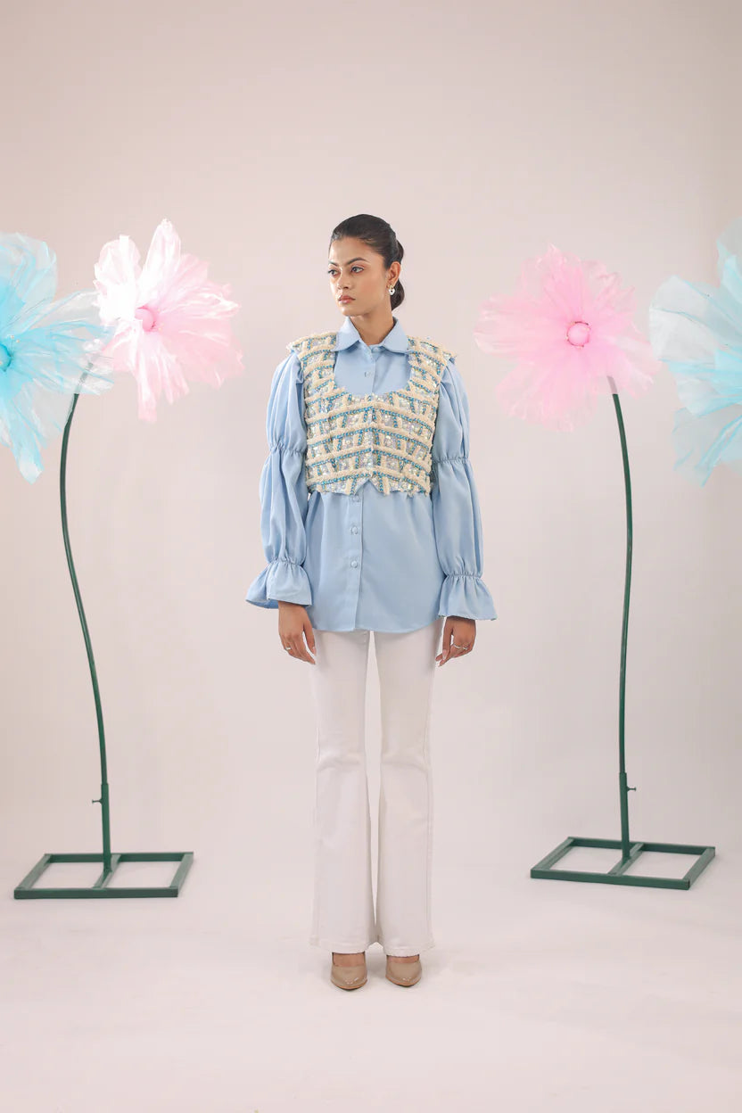 THE SKY BLUE EMBELLISHED JACKET WITH BALLOON SLEEVES CRAPE SHIRT