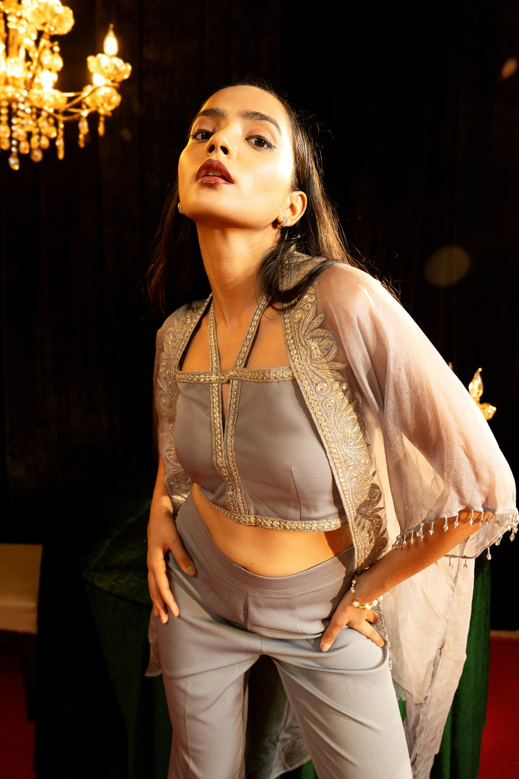 Grey Embroidered Cape Co-Ord Set - Sila Atelier